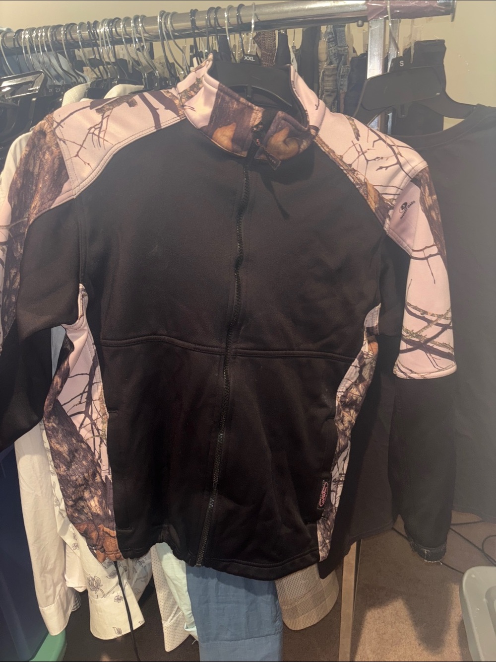 Women's Zip-Front Hoodie Jacket - Black with Pink Camo Panels